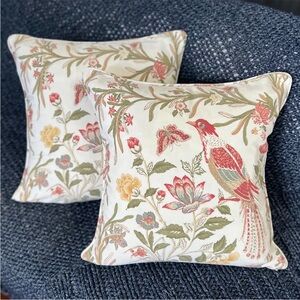 2 Pottery Barn Nature Jerri Birds Cotton Linen 20x20 Pillow Covers Piping Floral